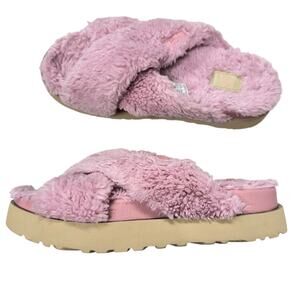 Ugg Pink Fuzz Sugar Cross Slide Sandals Womens 10 Casual Summer Platform Shoes
